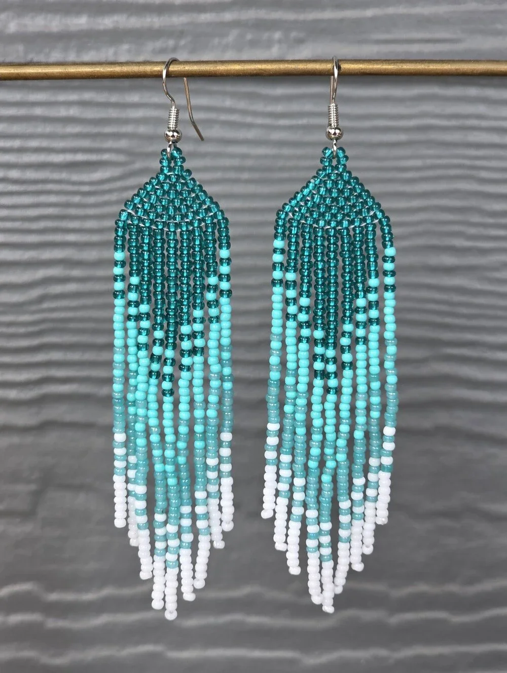 Azure Ombre Beaded Earrings Boho Fringe  Handmade Jewelry - Picture 3 of 3